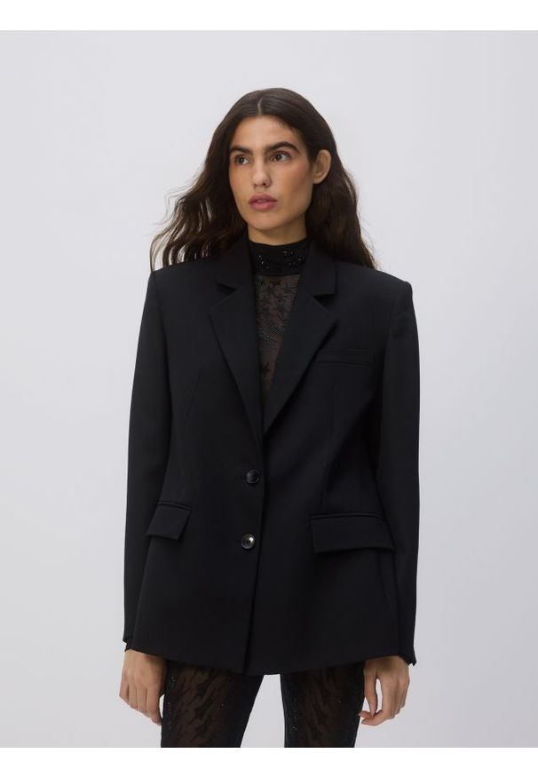 Reserved - Marynarka z wełną - czarny. Kolor: czarny. Materiał: wełna