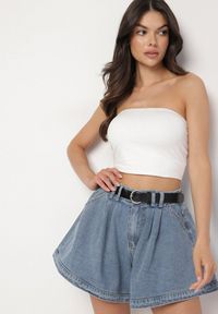 Born2be - Niebieskie Bawełniane Szorty z Wysokim Stanem i Paskiem Devne. Okazja: na co dzień. Stan: podwyższony. Kolor: niebieski. Materiał: bawełna. Styl: casual #5