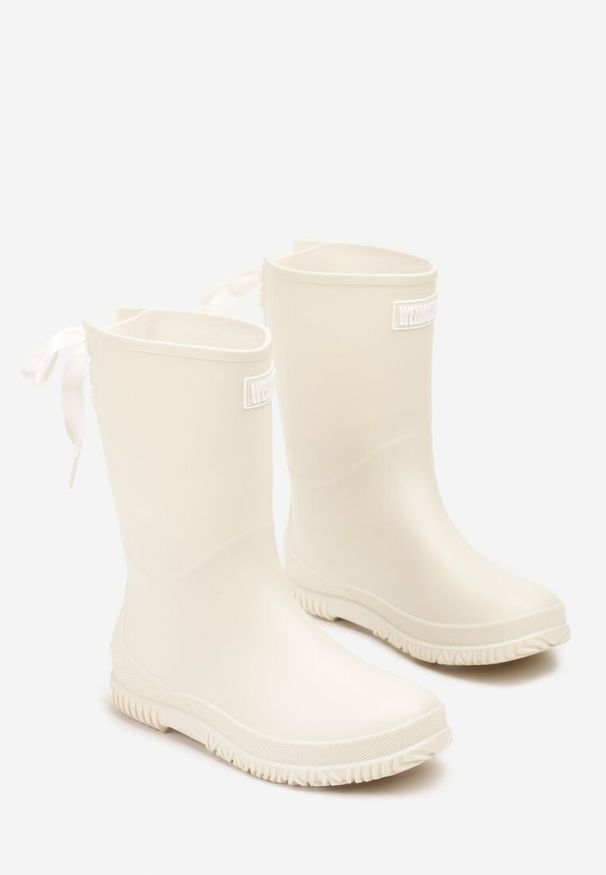 Renee - Beżowe Kalosze Ozdobione Wiązaniem Pinelle. Okazja: na co dzień. Kolor: beżowy. Materiał: jeans. Wzór: aplikacja. Styl: casual, elegancki