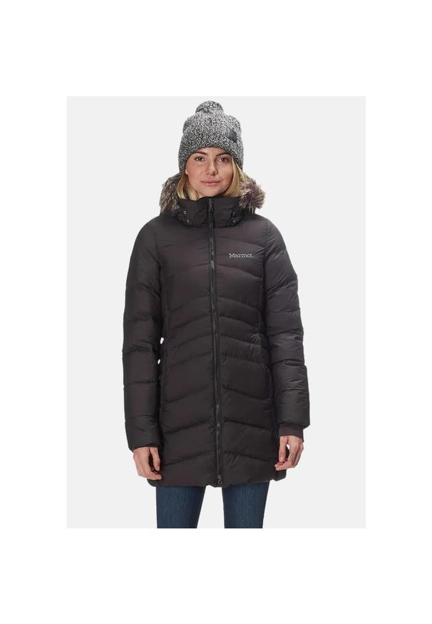 Kurtka uniwersalna damska Marmot Montreal Coat. Typ kołnierza: kaptur. Kolor: czarny. Materiał: syntetyk. Długość: długie. Sezon: zima