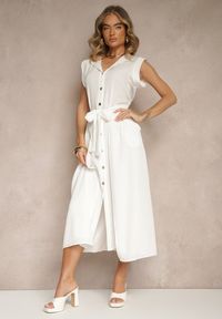 Renee - Biała Sukienka z Paskiem Koszulowa o Rozkloszowanym Fasonie Mavoselle. Okazja: na co dzień. Kolor: biały. Materiał: jeans. Typ sukienki: koszulowe. Styl: casual, elegancki