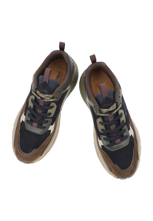 Granatowe Sneakersy Jeep Sportowe Obuwie Męskie. Okazja: na co dzień. Kolor: niebieski. Materiał: tkanina, skóra. Szerokość cholewki: normalna