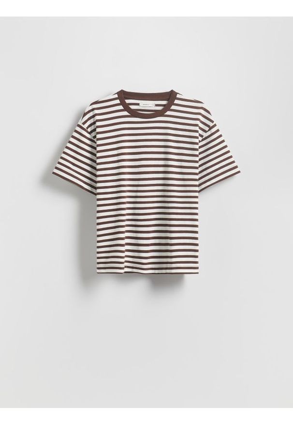 Reserved - Bawełniany t-shirt w paski - kremowy. Kolor: kremowy. Materiał: bawełna. Wzór: paski