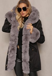 Renee - Czarno-Szara Kurtka Parka z Paskiem w Talii i Kapturem z Futerkiem Hizontia. Okazja: na spacer. Typ kołnierza: golf. Kolor: czarny. Materiał: futro #1