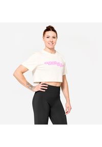 DOMYOS - Koszulka fitness damska Domyos crop top. Kolor: biały. Materiał: materiał, elastan, bawełna. Sport: fitness