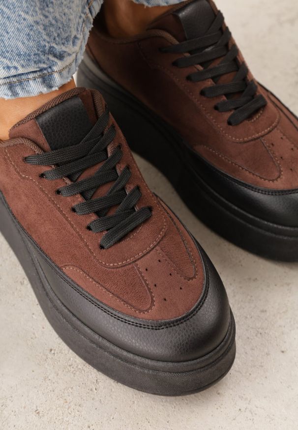 Renee - Brązowe Sneakersy VICES na Platformie z Ozdobnym Noskiem Attis. Nosek buta: okrągły. Zapięcie: sznurówki. Kolor: brązowy. Materiał: zamsz, skóra. Obcas: na platformie. Wysokość obcasa: średni