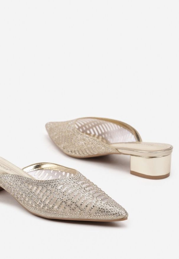 Born2be - Złote Klapki Mule na Słupku z Błyszczącej Siateczki Tilreia. Okazja: na co dzień. Nosek buta: szpiczasty. Kolor: złoty. Materiał: jeans. Wzór: aplikacja. Obcas: na słupku. Styl: wizytowy, casual