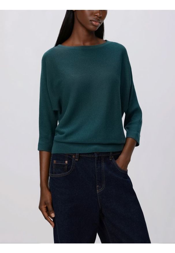 Reserved - Sweter z kimonowym rękawem - morski. Kolor: morski. Materiał: dzianina, wełna