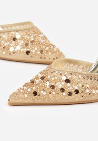 Renee - Złote Szpilki Slingback Zdobione Perełkami i Cekinami Irifera. Okazja: na studniówkę, na co dzień. Zapięcie: bez zapięcia. Kolor: złoty. Materiał: satyna, jeans. Wzór: aplikacja. Obcas: na szpilce. Styl: casual, elegancki #4