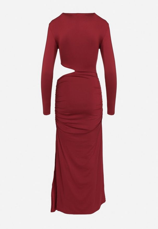 Born2be - Bordowa Sukienka Maxi o Dopasowanym Fasonie z Wycięciem w Talii Celinda. Okazja: na co dzień. Kolor: czerwony. Styl: casual. Długość: maxi