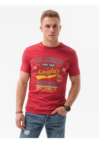Ombre Clothing - T-shirt męski z nadrukiem S1434 V-23C - czerwony - XXL. Kolor: czerwony. Materiał: bawełna. Wzór: nadruk. Styl: klasyczny