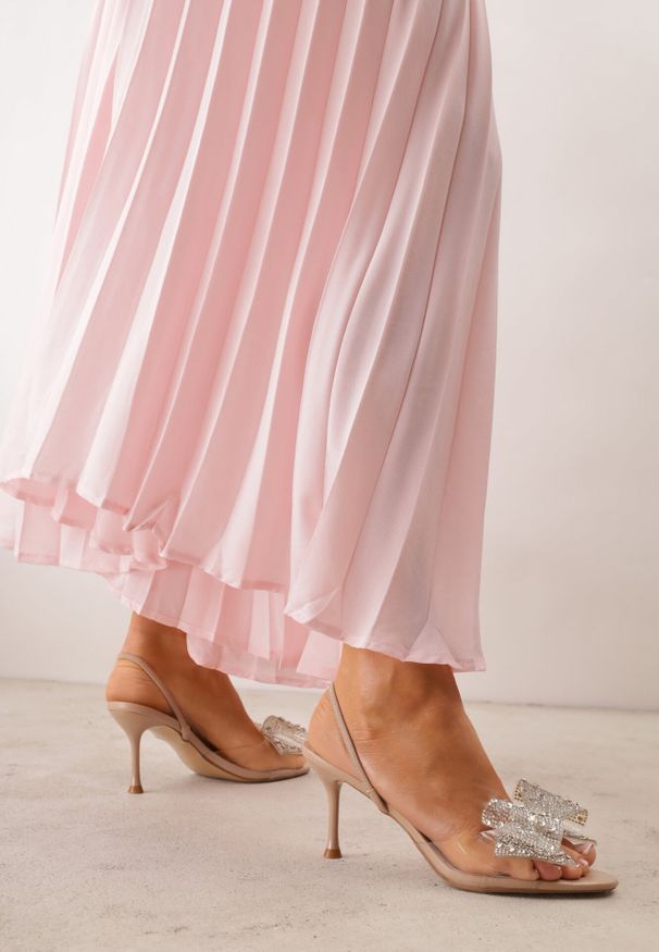 Born2be - Ciemnobeżowe Eleganckie Sandały Transparentne VICES na Szpilce z Kokardą z Cyrkoniami Pirera. Okazja: na komunię, na wesele, na studniówkę, na ślub cywilny. Zapięcie: pasek. Kolor: beżowy. Obcas: na szpilce. Styl: elegancki