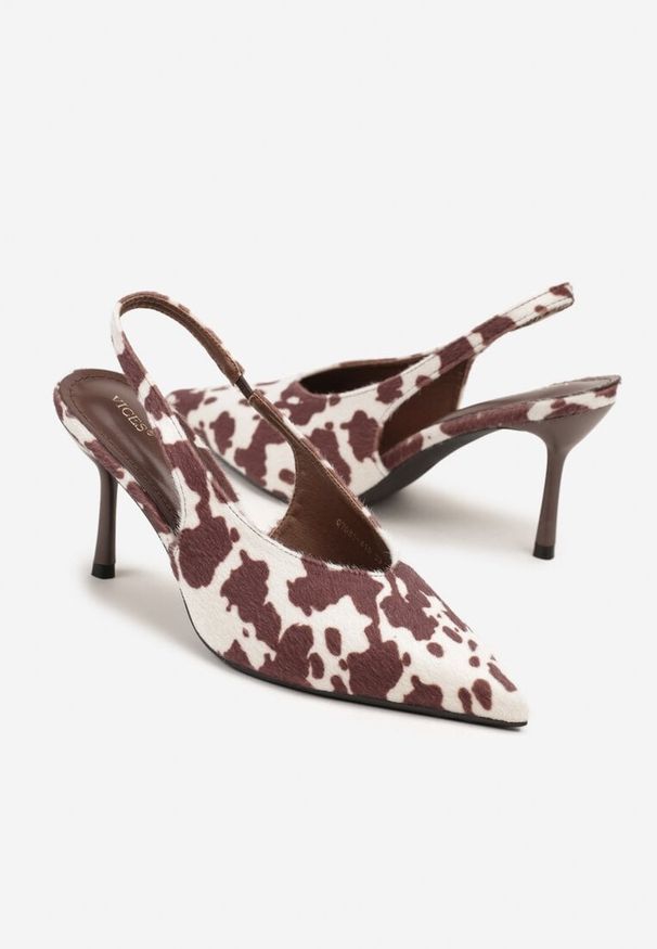 Renee - Brązowe Czółenka Sandały Slingback Vices w Krowie Łaty na Obcasie Typu Szpilka Tilionea. Kolor: brązowy. Materiał: jeans. Obcas: na obcasie. Styl: elegancki. Wysokość obcasa: średni