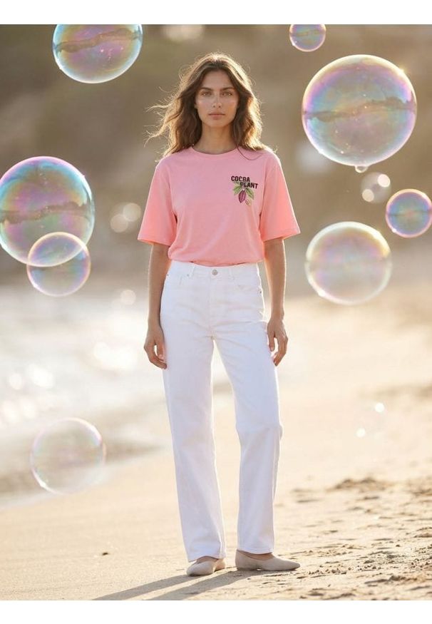 Sinsay - Bawełniana koszulka z napisem Cocoa Plant - pomarańczowy. Kolor: pomarańczowy. Materiał: bawełna. Wzór: napisy