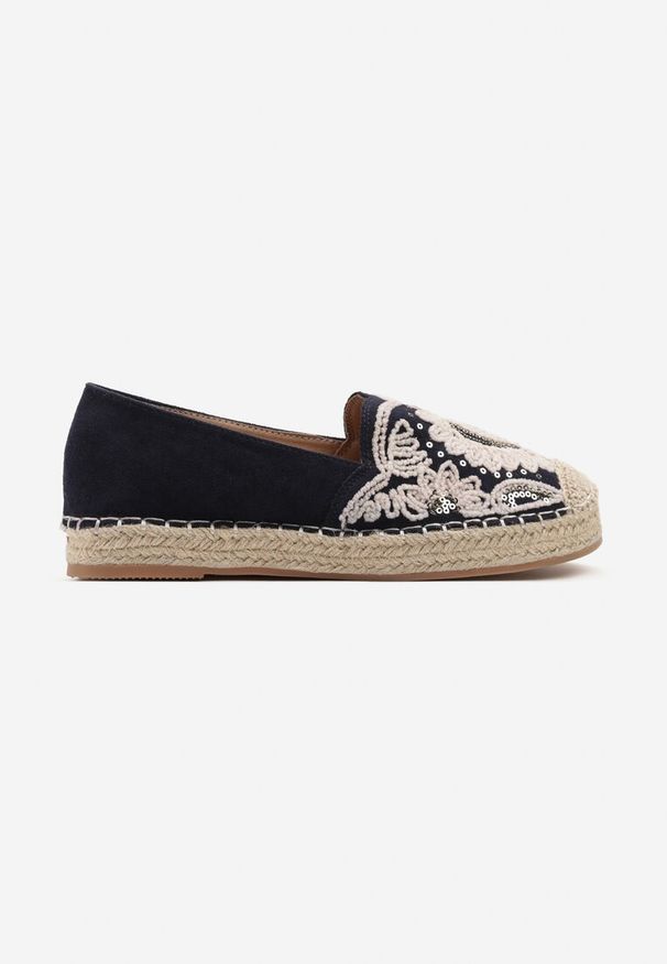Renee - Granatowe Espadryle Ozdobione Haftem i Cekinami na Podeszwie z Plecionki Merindoria. Kolor: niebieski. Wzór: aplikacja, haft. Sezon: lato. Styl: elegancki