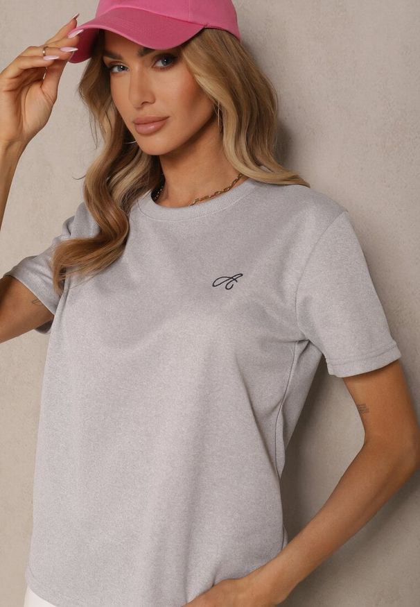 Renee - Jasnoszary T-shirt Zdobiony Minimalistycznym Haftem Galeneria. Okazja: na co dzień. Kolor: szary. Materiał: jeans. Wzór: aplikacja, haft. Styl: klasyczny, elegancki, casual