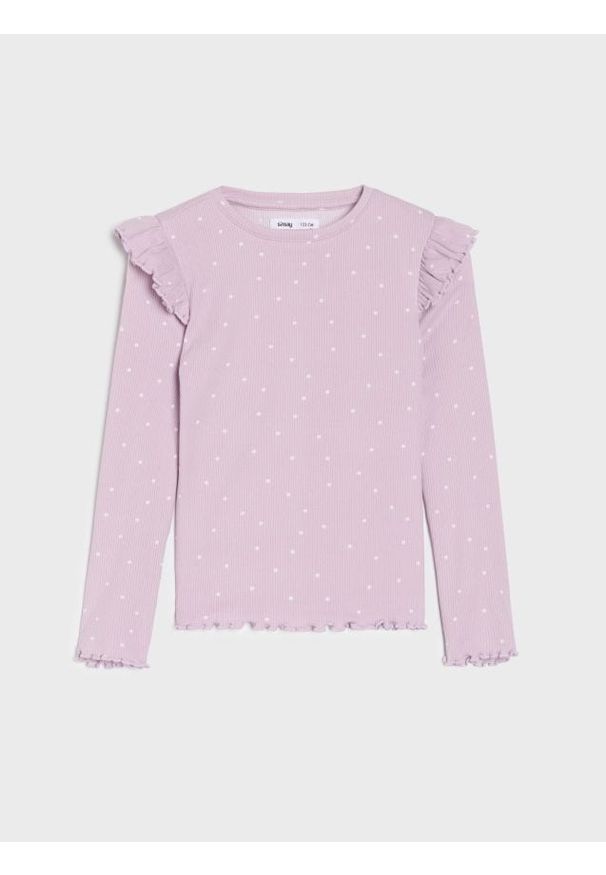 Sinsay - Prążkowana koszulka z długim rękawem w kropki - fioletowy. Kolor: fioletowy. Materiał: prążkowany. Długość rękawa: długi rękaw. Długość: długie. Wzór: kropki