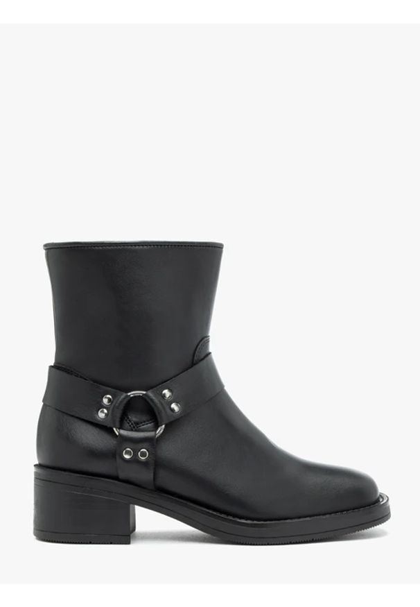 Ryłko - Czarne botki biker boots ze skóry licowej. Zapięcie: zamek. Kolor: czarny. Materiał: skóra. Szerokość cholewki: normalna. Obcas: na obcasie. Styl: street. Wysokość obcasa: średni