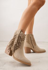 Born2be - Ciemnobeżowe Botki Kowbojki na Stożkowym Obcasie z Ażurowym Wzorem i Eathetina. Okazja: na co dzień. Kolor: beżowy. Materiał: jeans. Wzór: ażurowy. Obcas: na obcasie. Styl: boho, casual, elegancki. Wysokość obcasa: średni #1