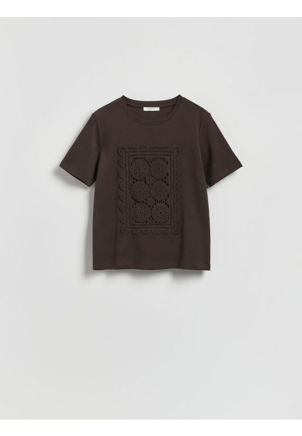 Reserved - T-shirt z haftem - ciemnobrązowy. Kolor: brązowy. Materiał: bawełna. Wzór: haft