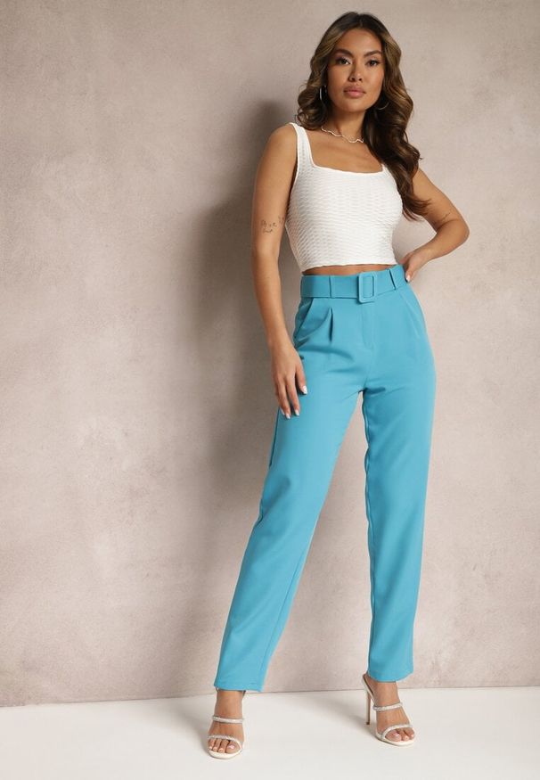 Renee - Niebieskie Spodnie Garniturowe High Waist z Paskiem Wenus. Okazja: na spotkanie biznesowe, na co dzień. Stan: podwyższony. Kolor: niebieski. Materiał: tkanina, materiał. Wzór: jednolity, gładki. Styl: casual, biznesowy