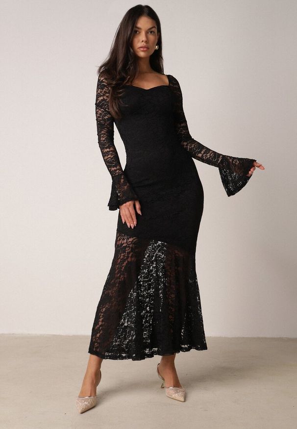 Born2be - Czarna Koronkowa Sukienka VICES o Eleganckim Kroju z Wiązaniem na Plecach Irinlenne. Okazja: na randkę. Kolor: czarny. Materiał: koronka. Styl: elegancki