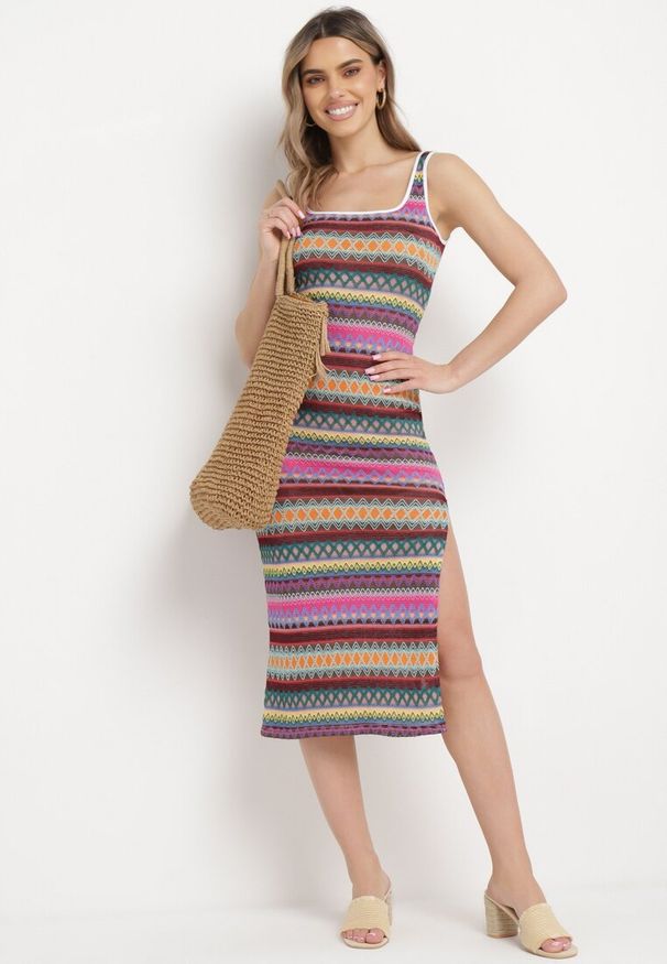 Born2be - Fioletowo-Beżowa Dopasowana Sukienka Midi na Ramiączkach z Elastycznej Dzianiny Dempnia. Kolor: fioletowy. Materiał: dzianina. Długość rękawa: na ramiączkach. Długość: midi