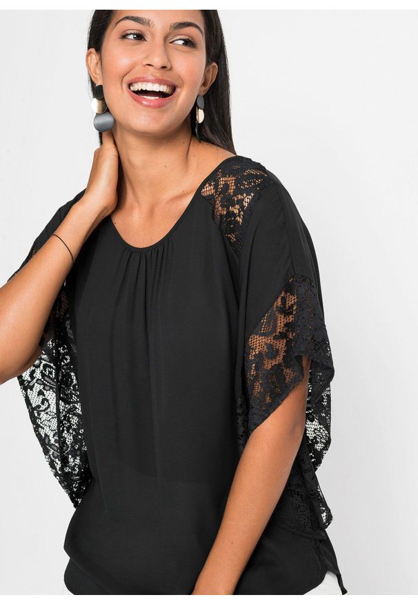 bonprix - Bluzka. Kolor: czarny. Materiał: poliester, koronka