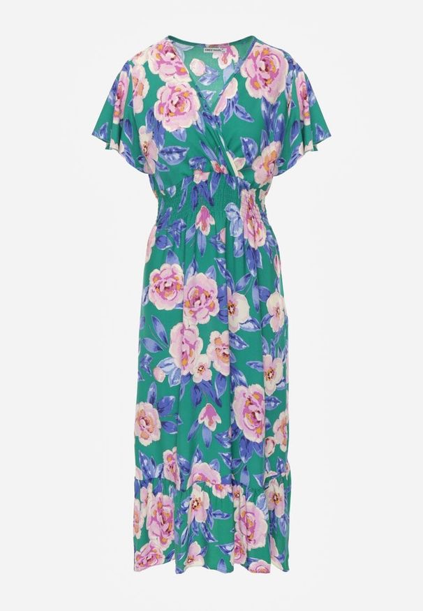 Renee - Zielona Rozkloszowana Sukienka Maxi z Gumkami w Talii i Falbankami Tayte. Typ kołnierza: kołnierz z falbankami. Kolor: zielony. Materiał: tkanina. Długość rękawa: krótki rękaw. Typ sukienki: kopertowe. Długość: maxi