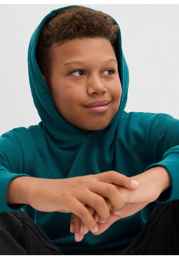 bonprix - Bluza z kapturem, z miękkiego materiału z bawełną. Typ kołnierza: kaptur. Kolor: niebieski. Materiał: bawełna, materiał