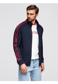 Ombre Clothing - Bluza męska rozpinana z lampasami i wysoką stójką – granatowa V3. Typ kołnierza: kołnierzyk stójkowy. Kolor: niebieski. Materiał: materiał, bawełna, dzianina, poliester. Długość rękawa: raglanowy rękaw. Wzór: jednolity, gładki. Styl: sportowy