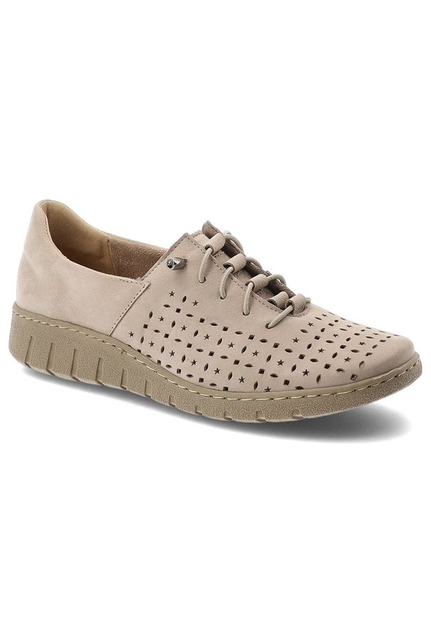 Półbuty damskie Wasak, skóra naturalna perforowana cholewka sznurowany fason elastyczna lekka podeszwa okrągły nosek, beżowe, 0810. Nosek buta: okrągły. Zapięcie: sznurówki. Kolor: beżowy. Materiał: skóra. Szerokość cholewki: normalna