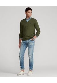 Ralph Lauren - RALPH LAUREN - Bawełniany sweter w serek khaki. Typ kołnierza: dekolt w serek. Kolor: zielony. Materiał: bawełna. Wzór: haft #5