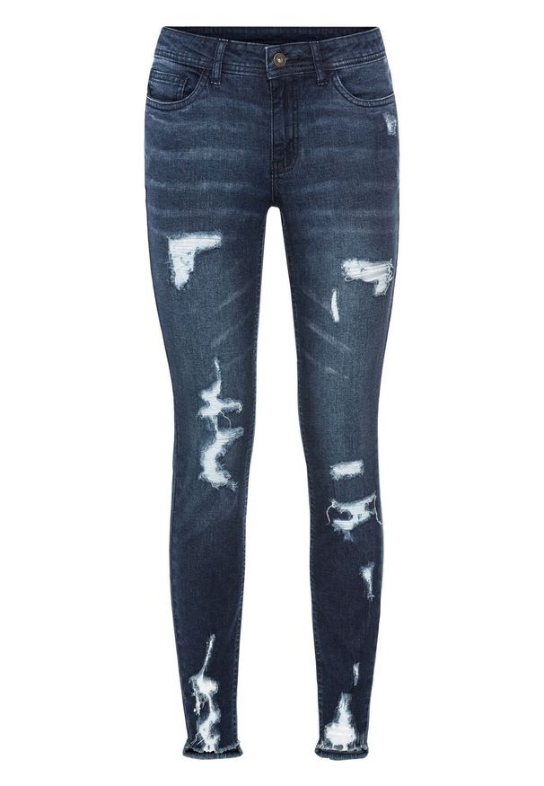 Dżinsy Super Skinny "destroyed" w krótszej długości bonprix ciemny denim. Kolor: niebieski. Długość: krótkie