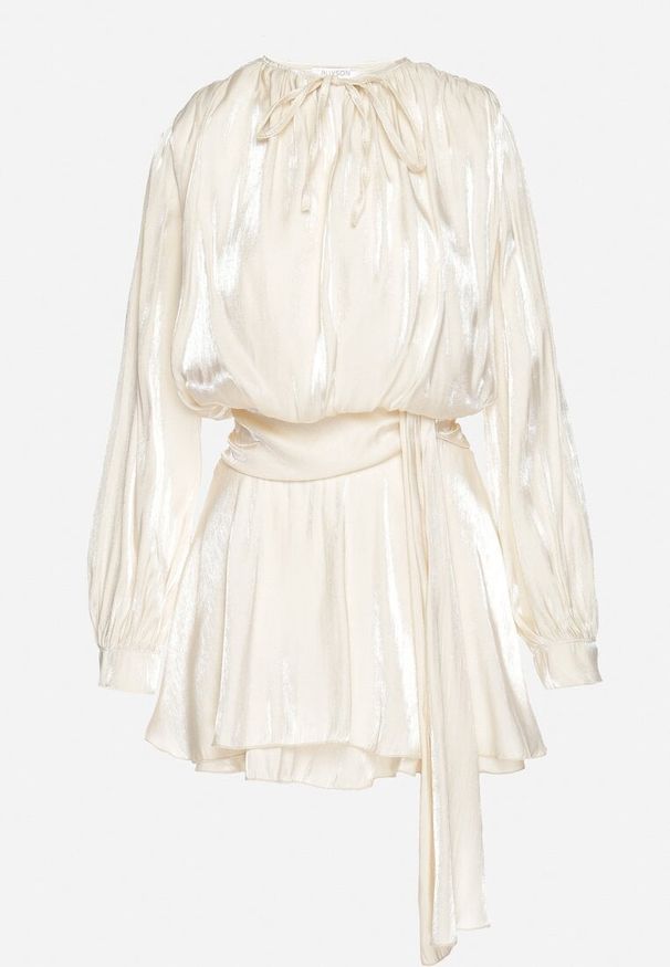 Born2be - Beżowa Wiskozowa Sukienka Ozdobiona Wiązaniem i Falbanką Rallio. Okazja: na co dzień, na imprezę. Typ kołnierza: kołnierz z falbankami. Kolor: beżowy. Materiał: wiskoza. Wzór: aplikacja. Typ sukienki: proste. Styl: casual, elegancki