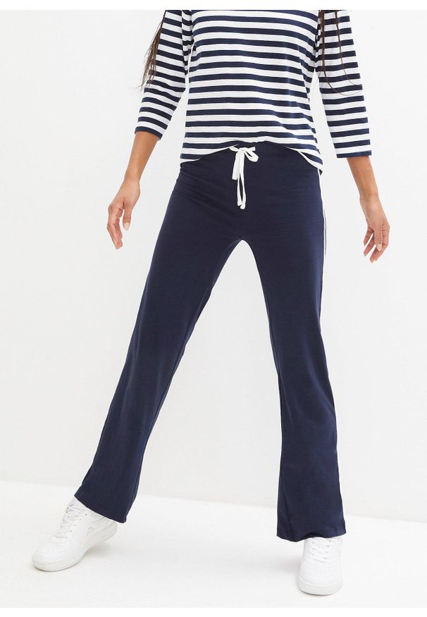 bonprix - Spodnie z bawełnianego dżerseju ze stretchem. Kolor: niebieski. Materiał: jersey, bawełna. Styl: sportowy