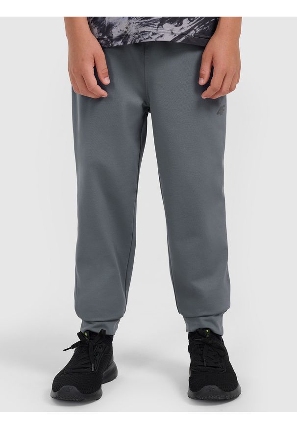 4f - 4F Spodnie sportowe szybkoschnące joggery chłopięce - szare 134/140 (8-10 lat). Kolor: szary. Materiał: dzianina, skóra. Długość: długie. Sezon: lato
