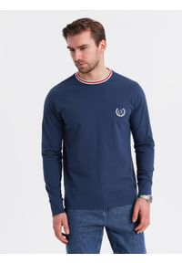 Ombre Clothing - Męski bawełniany longsleeve z dekoltem U w paski i haftem – ciemnoniebieski V3 - Rozmiar: M. Kolor: niebieski. Materiał: bawełna. Długość rękawa: długi rękaw. Wzór: haft, paski. Styl: sportowy #3
