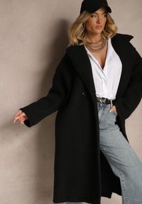 Renee - Czarny Długi Płaszcz Jednorzędowy o Kroju Oversize Vlekoma. Kolor: czarny. Materiał: wełna, tkanina, poliester. Długość: długie. Sezon: jesień, wiosna. Styl: elegancki