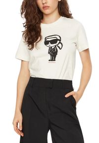 Karl Lagerfeld - KARL LAGERFELD Beżowy damski t-shirt Ikon Sketch Karl, Rozmiar XS. Kolor: beżowy. Materiał: materiał #3