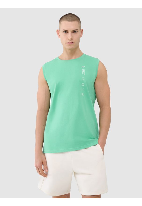 4f - 4F Tank top regular męski - zielony XXL. Kolor: zielony. Materiał: dzianina, bawełna, jersey. Długość rękawa: bez rękawów. Wzór: napisy, nadruk, ze splotem, gładki