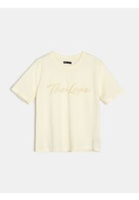 Sinsay - Bawełniana koszulka z ażurowym napisem - żółty. Kolor: żółty. Materiał: bawełna. Wzór: napisy, ażurowy #1