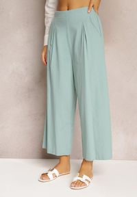 Renee - Niebieskie Szerokie Spodnie z Gumką w Pasie Vithan. Kolor: niebieski. Materiał: bawełna, tkanina #5