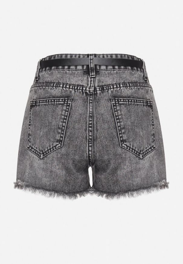 Born2be - Szare Jeansowe Szorty z Bawełny z Dziurami i Przetarciami oraz Paskiem Hettalia. Okazja: na co dzień. Kolor: szary. Materiał: jeans, bawełna. Styl: klasyczny, casual, elegancki