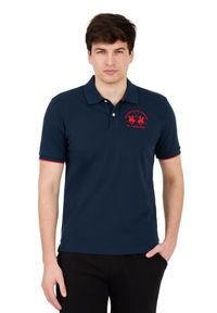 La Martina - LA MARTINA Granatowe męskie polo z dużym czerwonym logo, Rozmiar L. Typ kołnierza: polo. Kolor: niebieski #8