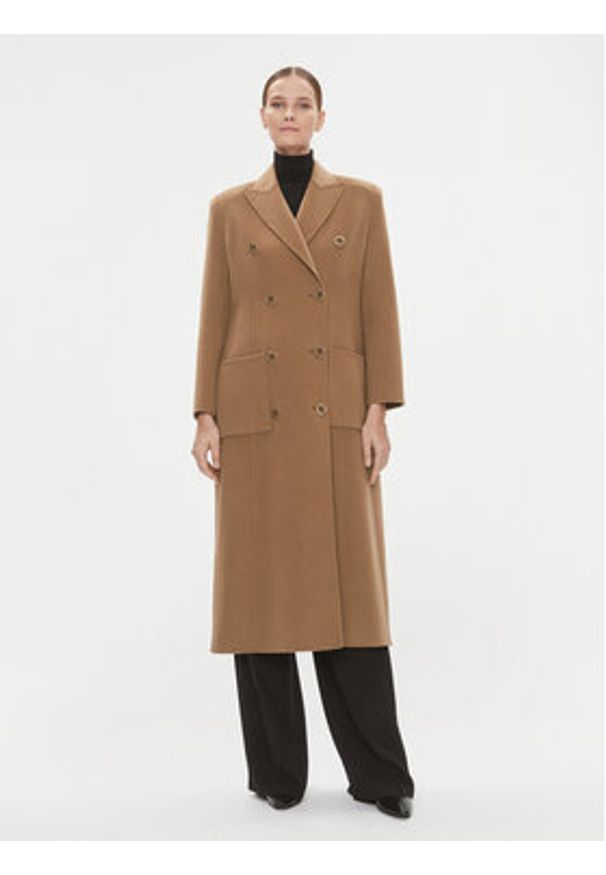 Elisabetta Franchi Płaszcz wełniany CP-43D-36E2-V840 Brązowy Regular Fit. Kolor: brązowy. Materiał: wełna