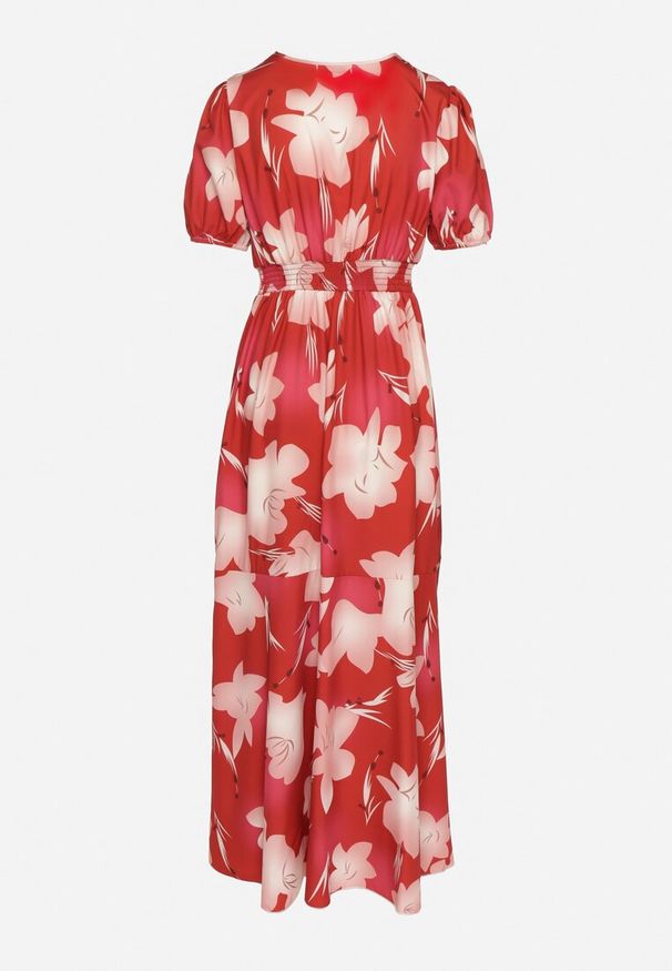 Born2be - Czerwona Sukienka z Kopertowym Wzorem i Falbanką w Kwiaty Tdivena. Okazja: na co dzień. Kolor: czerwony. Wzór: kwiaty. Typ sukienki: kopertowe. Styl: casual, elegancki