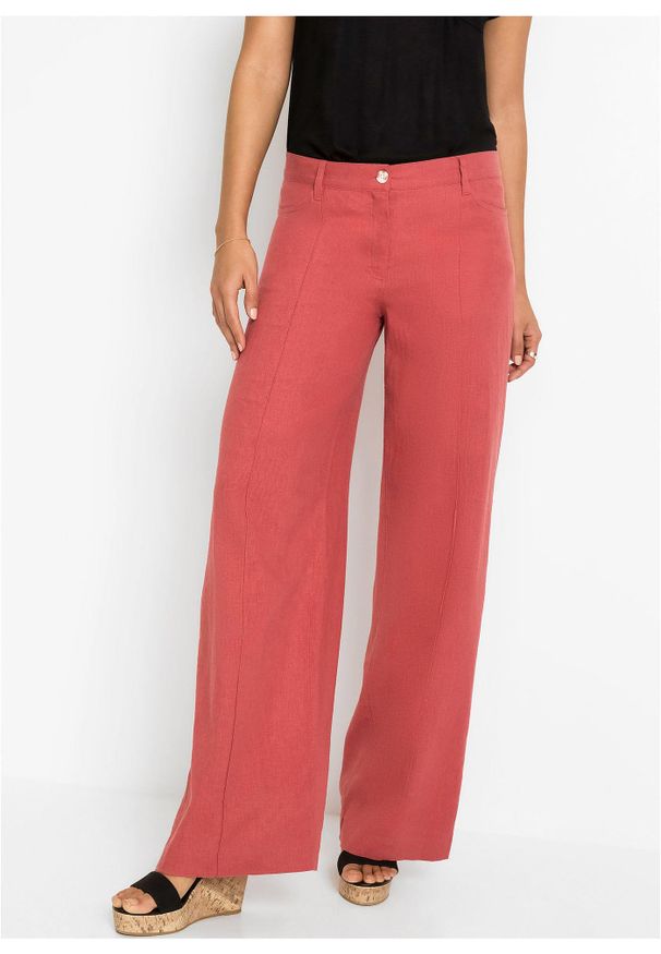 bonprix - Spodnie palazzo z przewiewnej mieszanki lnu. Kolor: różowy. Materiał: len