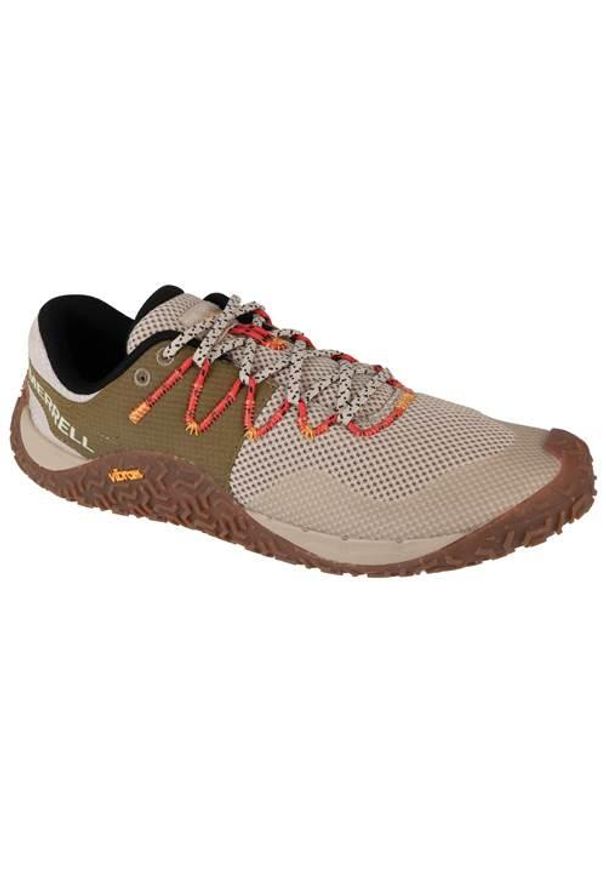 Buty do biegania męskie Merrell Trail Glove 7. Zapięcie: sznurówki. Kolor: beżowy, wielokolorowy. Materiał: materiał, tkanina, syntetyk, guma. Szerokość cholewki: normalna. Sport: bieganie