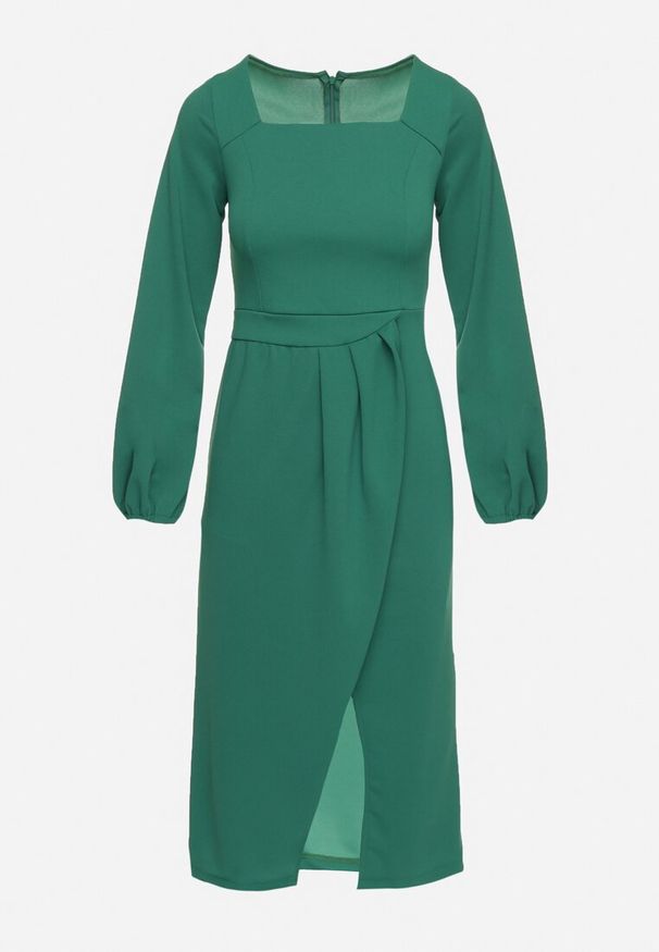 Born2be - Zielona Koktajlowa Sukienka z Kopertowym Dołem i Ściągaczami przy Rękawach Felilena. Kolor: zielony. Sezon: wiosna, lato. Typ sukienki: kopertowe. Styl: wizytowy